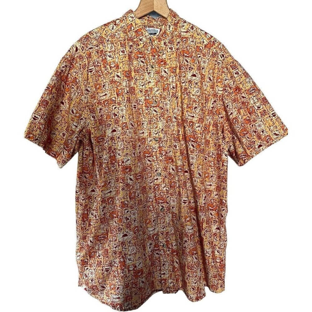 Columbia Mens Size XL Orange Fish Print Patterned Short Sleeve Button Up Shirt